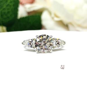 Round CZ Pear 3 Stone Engagement Ring Near Colorless CZ Sterling Silver