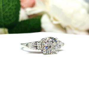 Round CZ Pear 3 Stone Engagement Ring Near Colorless CZ Sterling Silver