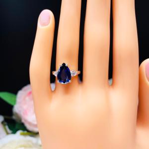 Lab Blue Sapphire Pear CZ Sterling Silver Ring