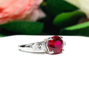Lab Created Ruby 8mm Round Ring Pear CZ Accents Sterling Silver
