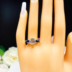 Round CZ Lab Blue Sapphire Pear 3 Stone Engagement Ring
