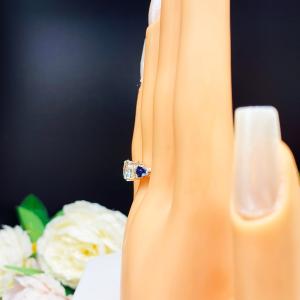 Round CZ Lab Blue Sapphire Pear 3 Stone Engagement Ring