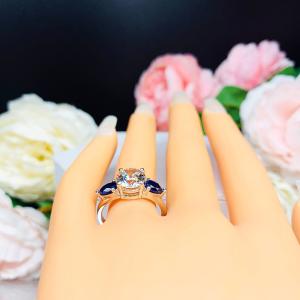 Round CZ Lab Blue Sapphire Pear 3 Stone Engagement Ring
