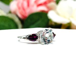 Natural White Topaz Rhodolite Garnet Ring - 8mm white topaz - Rhodolite garnet pear side stones - Sterling silver setting