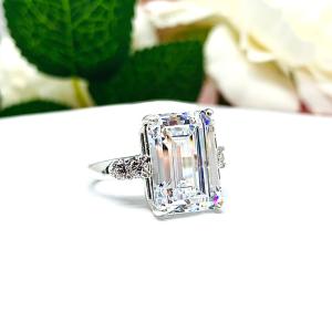 Emerald-Cut CZ 5-Stone Engagement Ring • 14x10mm, Sterling Silver, Size 7