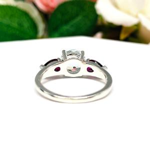 Natural White Topaz Rhodolite Garnet Ring - 8mm white topaz - Rhodolite garnet pear side stones - Sterling silver setting