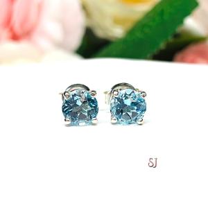 Round Genuine Sky Blue Topaz March Birthstone Alternative Basket Stud Earrings