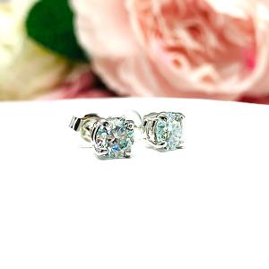 Round Steel Blue Moissanite Stud Earrings - Authentic moissanites - Sterling silver basket settings