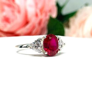 Lab Created Ruby Oval CZ Trillion Ring Lower Profile Sterling Silver