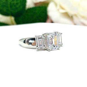 Emerald Cut CZ Three Stone Engagement Ring