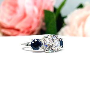 Round CZ Lab Blue Sapphire 3 Stone Engagement Ring Tulip Design