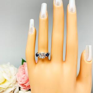 Round CZ Lab Blue Sapphire 3 Stone Engagement Ring Tulip Design