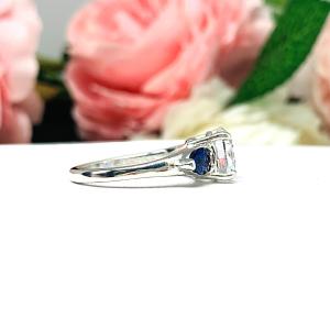 Round CZ Lab Blue Sapphire Pear 3 Stone Engagement Ring