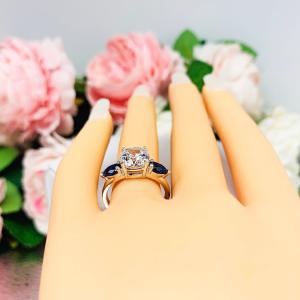 Round CZ Lab Blue Sapphire Pear 3 Stone Engagement Ring
