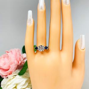 Round CZ Lab Blue Sapphire Pear 3 Stone Engagement Ring