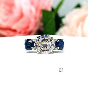 Round CZ Lab Blue Sapphire 3 Stone Engagement Ring Tulip Design