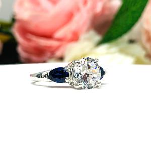 Round CZ Lab Blue Sapphire Pear 3 Stone Engagement Ring