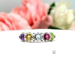 Spring Colors Ring 4mm Round Natural Gemstone Five Stone Size 7