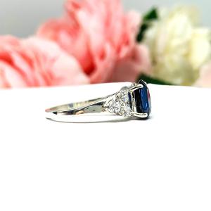 Lab Blue Sapphire Oval Ring Round CZ Accented Sterling Silver