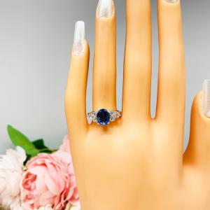 Lab Blue Sapphire Oval Ring Round CZ Accented Sterling Silver