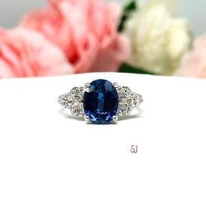 Lab Blue Sapphire Oval Ring Round CZ Accented Sterling Silver