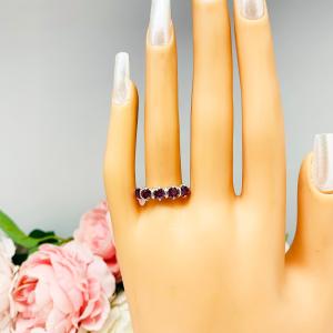 Natural Garnet Five Stone Ring January Birthstone Sterling Silver 4mm Round Wine Color SIZE 7 FINAL SALE