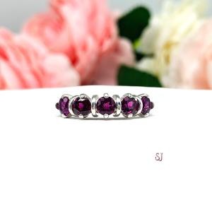 Natural Garnet Five Stone Ring January Birthstone Sterling Silver 4mm Round Wine Color SIZE 7 FINAL SALE