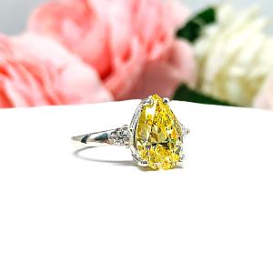 Canary Pear CZ Round Accents Engagement Ring
