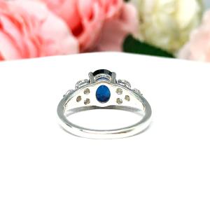 Lab Blue Sapphire Oval Ring Round CZ Accented Sterling Silver