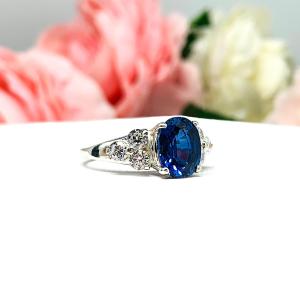 Lab Blue Sapphire Oval Ring Round CZ Accented Sterling Silver