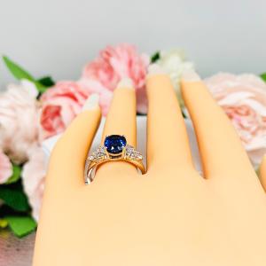 Lab Blue Sapphire Oval Ring Round CZ Accented Sterling Silver