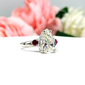 Pear Near Colorless Cubic Zirconia Lab Ruby Accents Engagement Ring