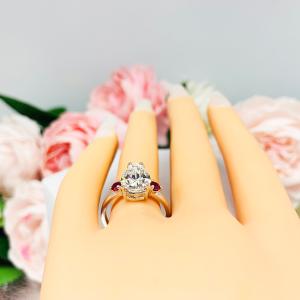 Pear Near Colorless Cubic Zirconia Lab Ruby Accents Engagement Ring
