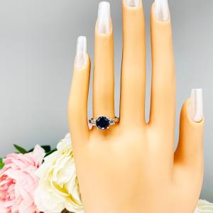 Lab Blue Sapphire 8mm Round CZ Ring Sterling Silver