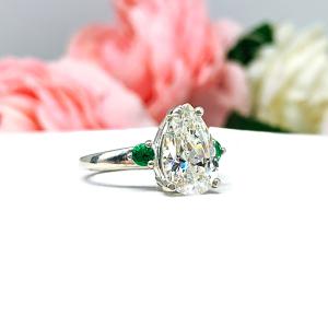 Pear Near Colorless Cubic Zirconia Lab Emerald Accents Engagement Ring