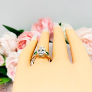 Pear Near Colorless Cubic Zirconia Lab Emerald Accents Engagement Ring