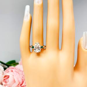 Pear Near Colorless Cubic Zirconia Lab Emerald Accents Engagement Ring