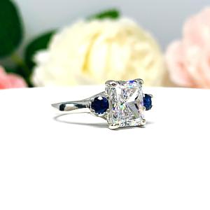Radiant Cubic Zirconia Blue Sapphire Accents Engagement Ring