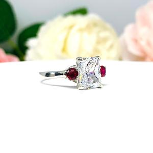 Radiant Cubic Zirconia Ruby Accents Engagement Ring
