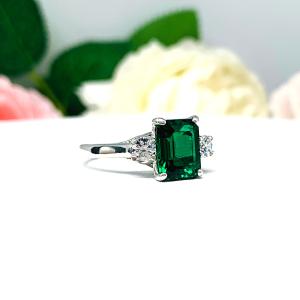 Lab Created Emerald CZ Accents Ring - 9x7mm Emerald Cut - Sterling Silver