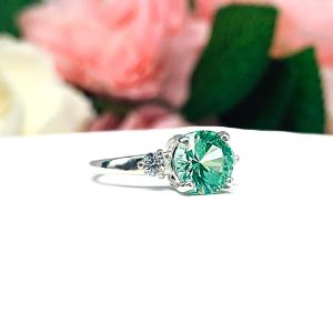 Seafoam Green Lab Spinel Round, CZ Accents Ring