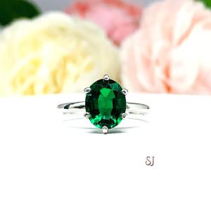 Lab Created Emerald Oval 6 Prong Ring - Sterling Silver