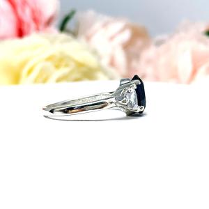 Lab Blue Sapphire Oval Trillion CZ Ring Low Profile Sterling Silver