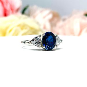 Lab Blue Sapphire Oval Trillion CZ Ring Low Profile Sterling Silver