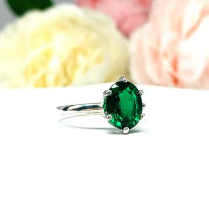 Lab Created Emerald Oval 6 Prong Ring - Sterling Silver