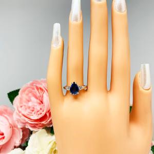 Lab Blue Sapphire Pear CZ Sterling Silver Ring