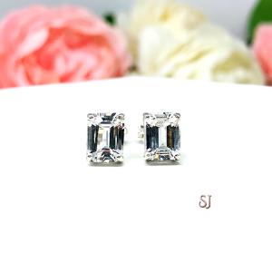 Lab White Sapphire Emerald Cut Stud Earrings 8x6mm