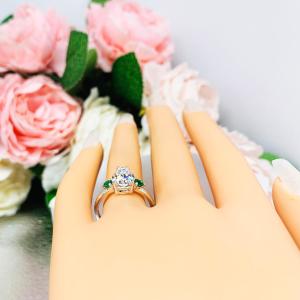 Pear CZ Lab Emerald Accents Engagement Ring