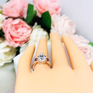 Pear CZ Lab Created Round Ruby Accents Engagement Ring