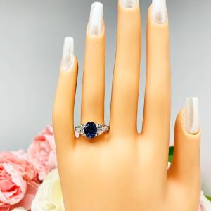 Lab Blue Sapphire Oval Trillion CZ Ring Low Profile Sterling Silver